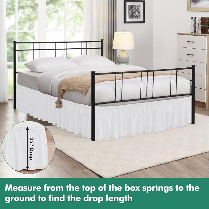 Wrap Around King Bed Skirt Split Corner 25" Drop-Elastic Long Dust Ruffle | White Adjustable Pleated Bedskirt-Easy Fit Wrinkle Resistant Washable Fabric Bed Skirting-Master Guest Bedroom Couples Hotels