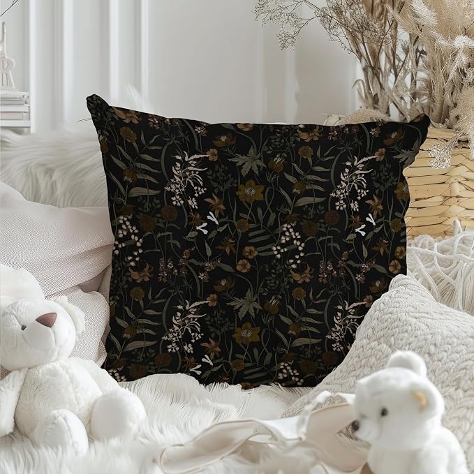 Vintage Moody Floral Pillow Covers 18x18, Dark Cottagecore Room Decor, Retro Dark Academia Wildflower Plant Botanical Decorative Throw Pillow Covers for Home Bedroom Living Room