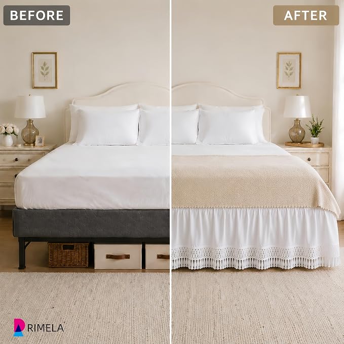 Tassel Trim Bed Skirt Queen 15" Drop, Elastic Wrap Around Bedskirt | Solid Ruffled, Easy to Use, No Mattress Lifting, Wrinkle & Fade Resistant, with Adhesive Strips, Machine Wash/Dry/Iron