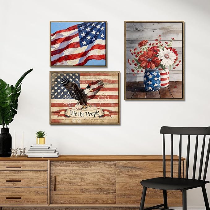 American Flag Framed Canvas Wall Art, 4th of July Patriotic Canvas Prints | Flowers and Stripes Poster Print, Independence Day Wall Decor for Bedroom Living Room Dining Room Office 8×10in