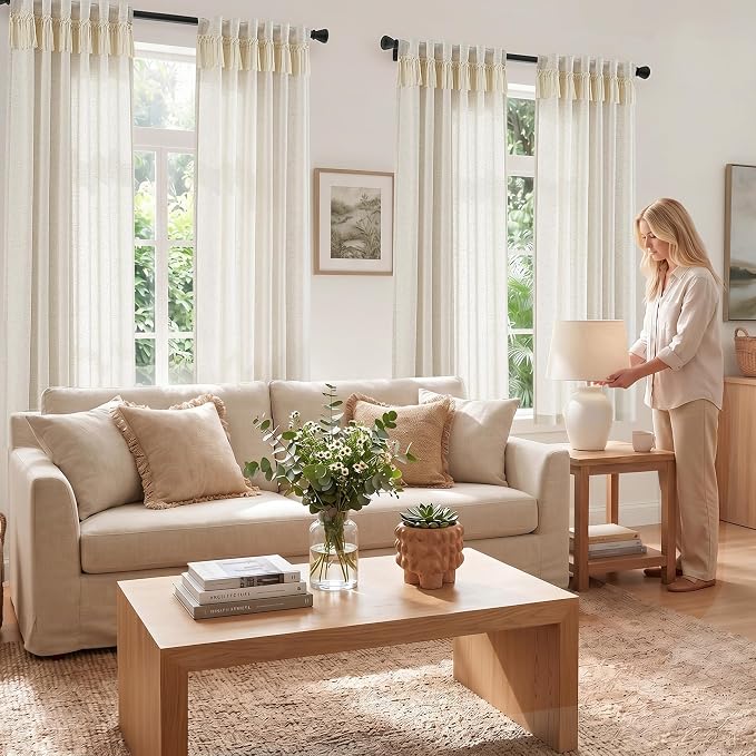jinchan Linen Curtains for Living Room Bedroom Light Filtering Semi Sheer Curtains Boho Farmhouse French Country Cottage Core Decor Window Drapes Back Tab 63 Inch Length Tassel Beige