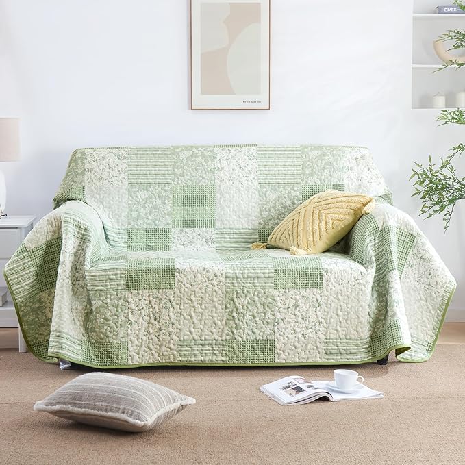 Mybedsoul Boho Quilt King Size, Patchwork Floral Bedding Set, Light Green | Soft Lightweight Microfiber Coverlet Set, 3 Pieces Plaid Bedspread, Bed Sets for All Seasons 90"x110"