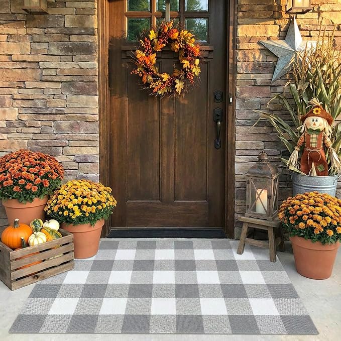 SEEKSEE Buffalo Plaid Outdoor Rug 27.5x43 Gray and White Front Door Mat, Layering Rug for Porch, Washable Doormat, Front Porch Rug for Outdoor Entrance Entryway Patio Porch Decor