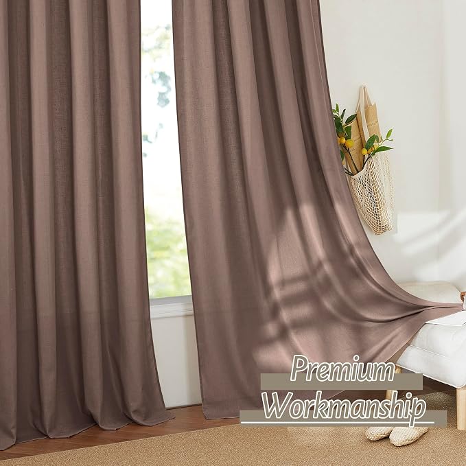 RYB HOME Linen Sheer Curtains 2 Panels for Living Room, Semi Transparent Privacy Drapes with Rod Pocket Farmhouse Style Window Treatments for Bedroom, Brown, 52" W x 95" L