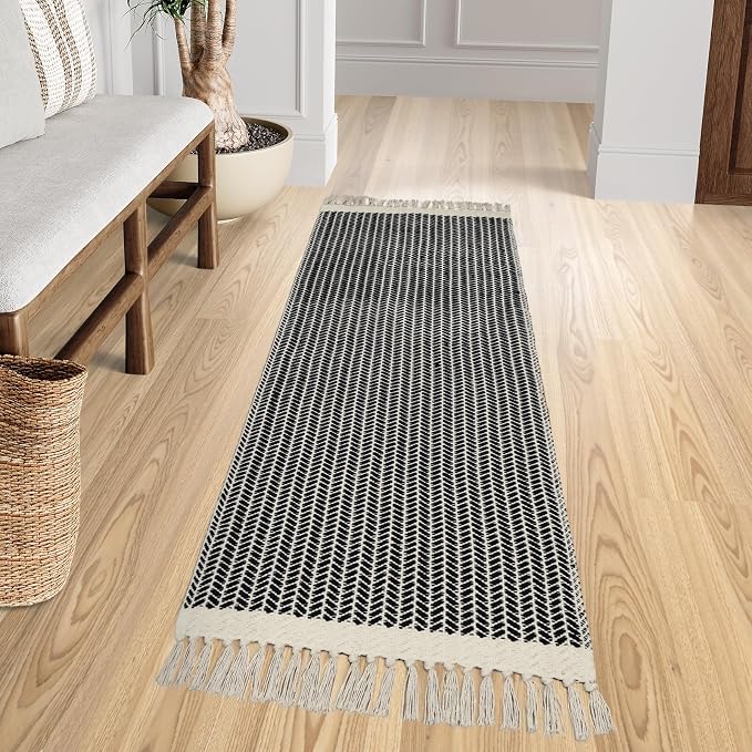 Lahome Boho Bathroom Runner Rug, 2x6 Washable Rugs for Kitchen Hallway | Woven Cotton Laundry Room Throw Carpet with Tassels, Farmhouse Decor Black Non Shedding Lightweight Mat for Entryway Bath