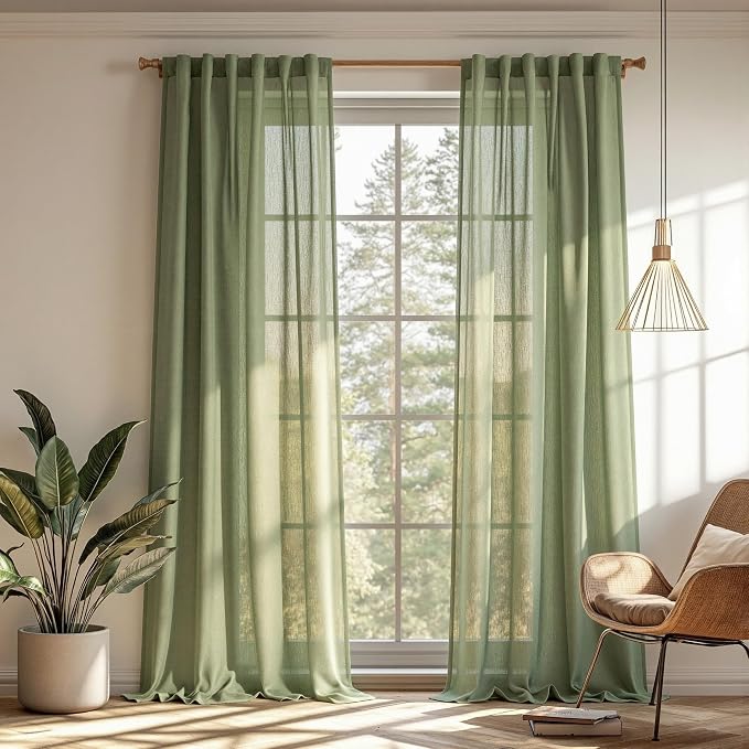 MYSKY HOME Sage Green Curtains 96 Inches Long for Living Room Sliding Glass Door Semi Sheer Drapes Light Filtering Window Treatments Soft Farmhouse Style Privacy Protect Back Tab, 50" x 96", 2 Panels
