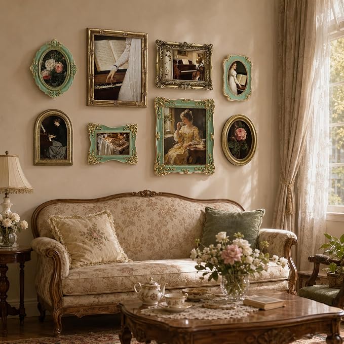 Lineshading 8 Pcs Picture Vintage Gallery Wall Frame Set | Antique Resin Picture Frame Collage Including Baroque Victorian for Wall Tabletop Display for Bedroom, Vintage Gold Green
