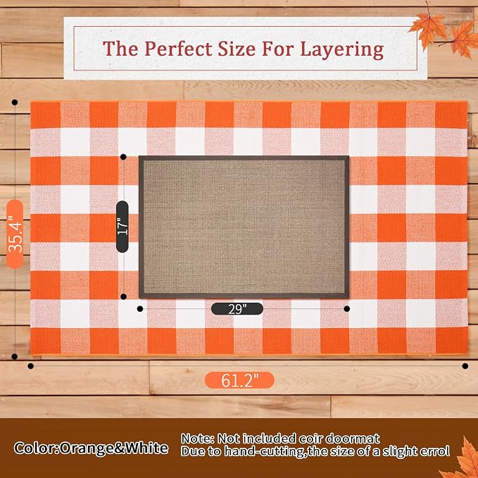 Fall Buffalo Plaid Rug 3x5 Ft, Orange White Indoor Outdoor Rug | Cotton Blend, Orange White Checkered, Machine Washable, Layering Rug, Porch Entryway Decor