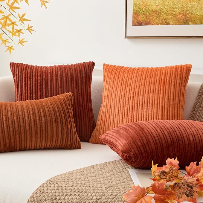 Kevin Textile Striped Corduroy 22”x22” Pillow Covers 2 Pack, Burnt Brick