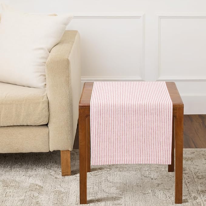Solino Home 100% Linen Table Runner, 14 x 36 in, Peach and White Striped | Narrow Stripe, dresses up dining tables for everyday meals, woven stripe, European flax fibres, soft, OEKO-TEX Certified