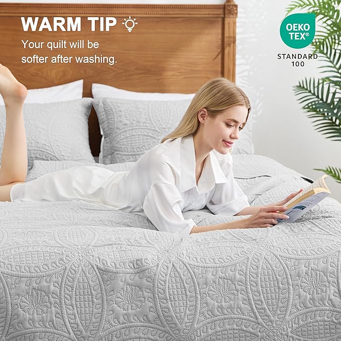 Love's cabin Oversized King Size Quilt Bedding Set Light Grey Bedspreads - Oversized King Lightweight Bedspread Comforter - Coin Pattern Coverlet for All Season - 3 Pieces (1 Quilt, 2 Pillow Shams)