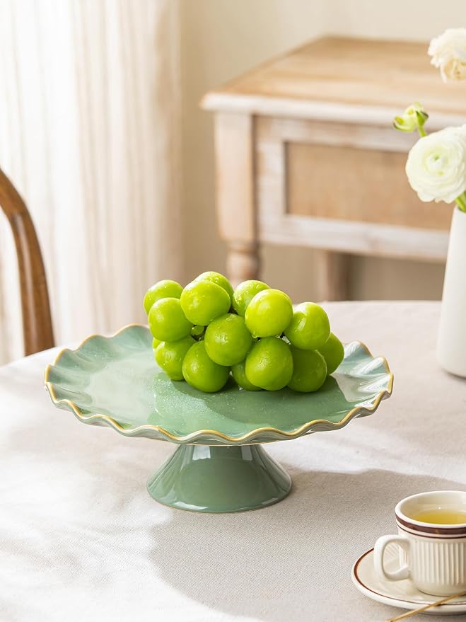 Cake Stand Ceramic, Small Cake Pedestal Stand for 8 Inch Cake, Teal | Vintage Dessert Stand with Ruffle Trim for Birthday, Decorative Pedestal Cake Plate Cupcake Stand for Tea Party