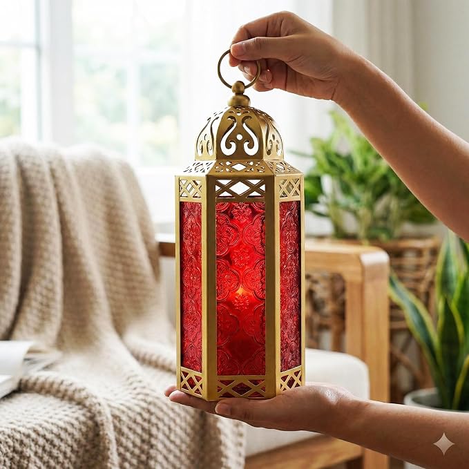 Vela Lanterns Decorative Indoor Moroccan Candle Holder, Gold Red, M | Ramadan Decorations for Home, Red Candle Lantern, Eid Table Centerpiece, Hanging Tealight Votive Pillar Holder, 10.5in