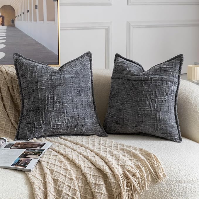 MADIZZ Pack of 2 Chenille Throw Pillow Covers 20x20 Inch Dark Grey Soft Neutral Decorative Throw Pillows for Couch Sofa Boho Accent Cushion Covers Modern Farmhouse Home Decor for Bedroom Living Room