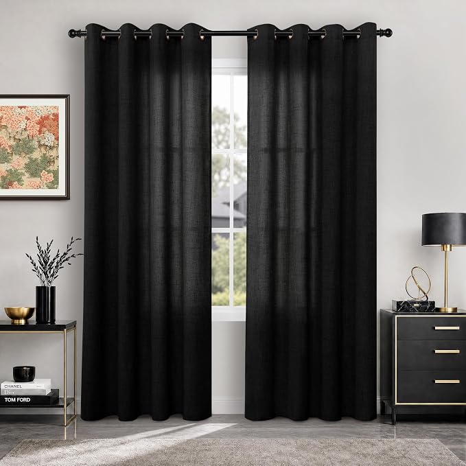 YoungsTex Linen Black Curtains 84 Inch Length 2 Panels for Living Room | Light Filtering Drapes with Bronze Grommet Semi Sheer Gothic Decorative for Dining Bedroom, 52 X 84 Inch