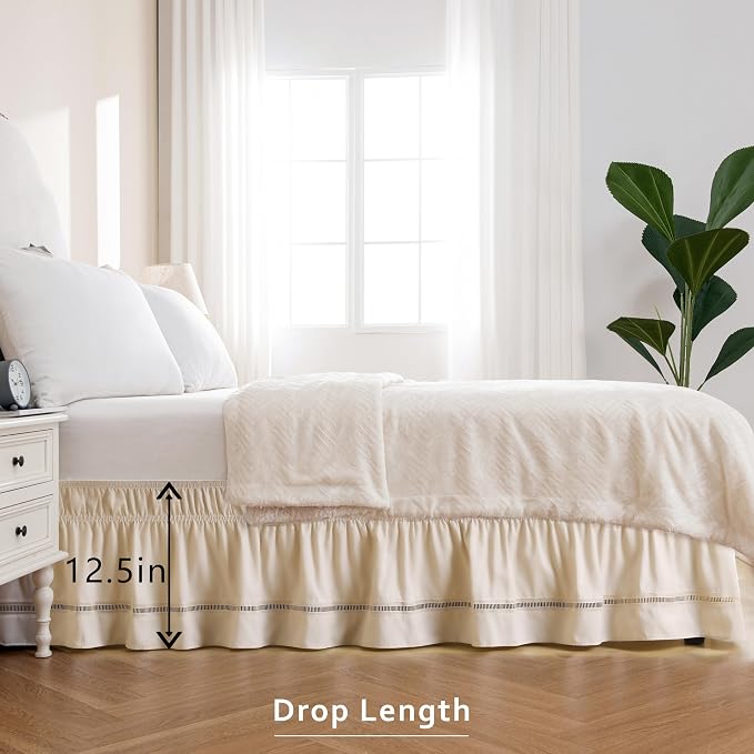 MIYE Wrap Around Ruffled Lace Bed Skirt, Elastic Dust Ruffle with Adjustable Belts, Easy to Put On, Bed Frame Cover, Machine Washable (Ruffled Lace/Light Beige, King/Queen-12.5" Drop)