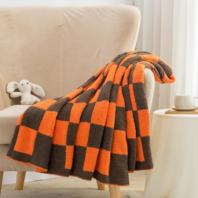 Carriediosa Checkered Throw Blanket 50x60, 400GSM Ultra Soft Microfiber | Orange, Fuzzy Fluffy Cozy Plush Knit Knitted Plaid Checker, Lightweight Cute Preppy Fall Blankets & Throws for Couch, Bed