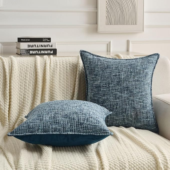 FUTEI Pack of 2 Chenille Tweed Vintage Throw Pillow Covers 12x20 Inch Soft Decorative Lumbar Pillowcase Modern Farmhouse Accent for Couch Bed Living Room, Navy