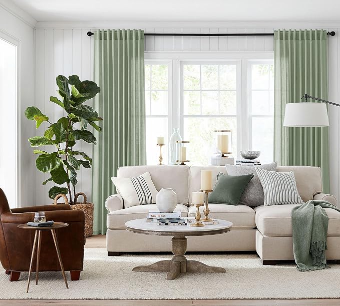 Jowels Mist Sage Linen Curtains 84 Inch Long 2 Panels for Living Room | Light Filtering Semi Sheer Curtain, Back Tab Pocket Pleated Look, Boho Farmhouse Textured Privacy Drapes for Bedroom Window