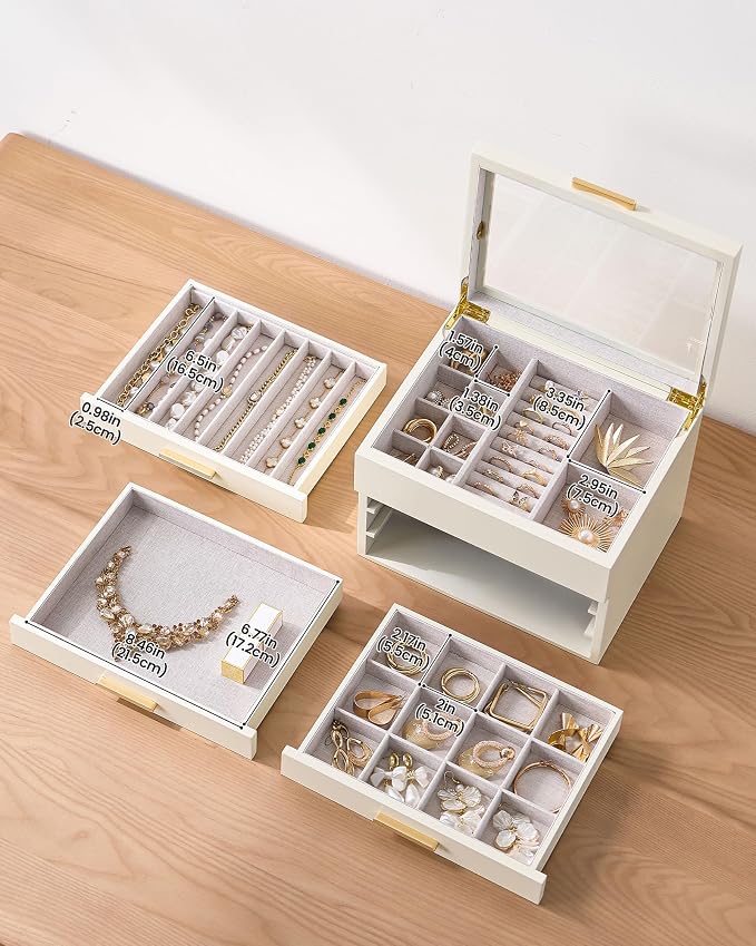 Lolalet Jewelry Box, Clear Window Wood Jewelry Storage for Earrings Bracelets Necklaces Rings, High Capacity Organizer for Women, Valentine's Day Gift -Beige, 4 Layers