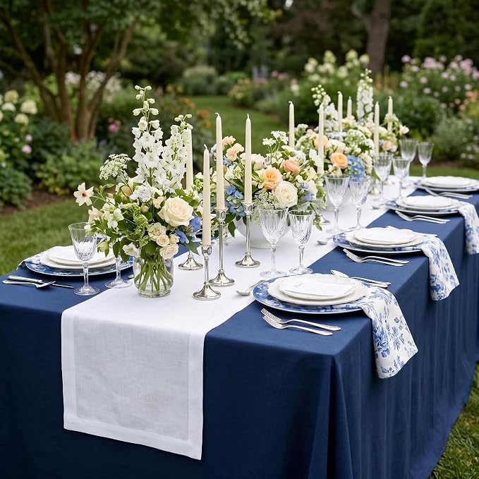 Solino Home 100% Pure Linen Table Runner White Extra Long, Fete 14 x 132 in | dresses up dining tables for everyday meals, European flax fibres, handloomed texture, machine washable, OEKO-TEX Certified