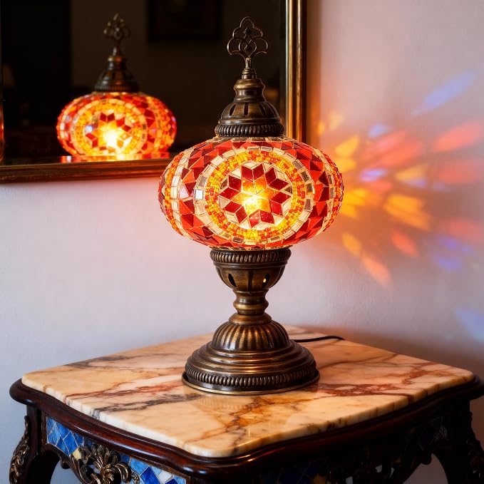 Turkish Mosaic Desk Lamp with Bulb – Orange Red Tiffany-Style Glass, Vintage Bohemian Bedside & Salon Decorative Light with E12 Socket & US Plug