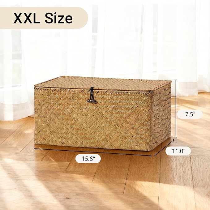Nonam Large Wicker Basket with Lid,Seagrass Shelf Storage Basket,Natural | Basket Container for Organizing, Boho Decorative Basket, Rectangular Household Storage Boxes for Home Organization