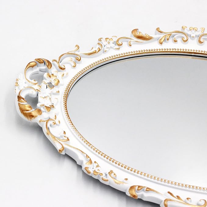 Tstarer Vintage Decorative White Framed Mirror, Small Oval Wall Hanging Mirror - 9.6" W x 14.3" L (White)