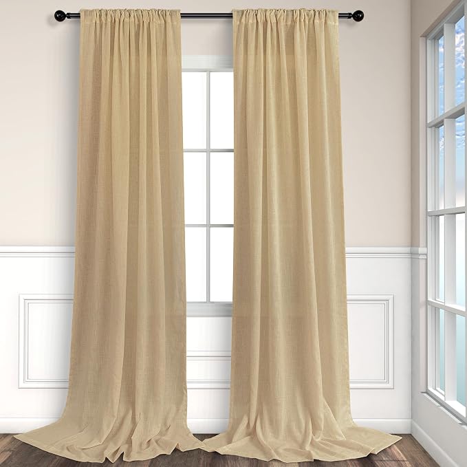 Tan Beige Curtains 96 Inches Long for Living Room 2 Panels Pocket Back Tab Semi Sheer Linen Rustic Neutral Earth Light Brown Room Decor Khaki Taupe Camel Burlap Curtains for Bedroom Cottagecore Fall