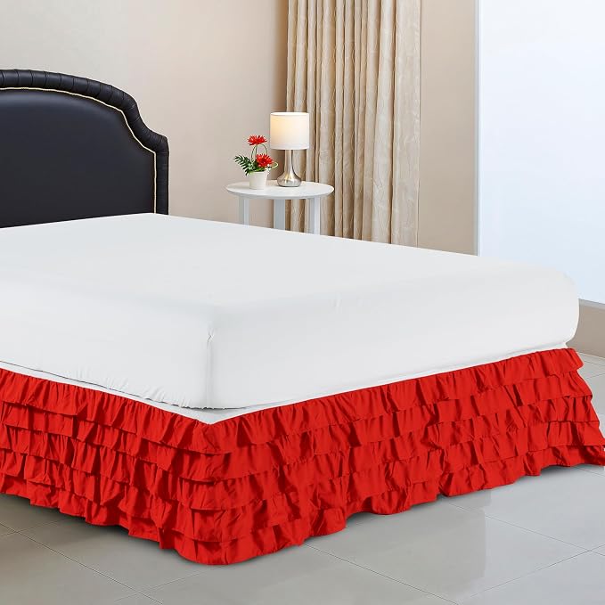 Elegant Comfort Luxurious Premium Quality 1500 Thread Count Wrinkle and Fade Resistant Egyptian Quality Microfiber Multi-Ruffle Bed Skirt - 15inch Drop, California King, Red