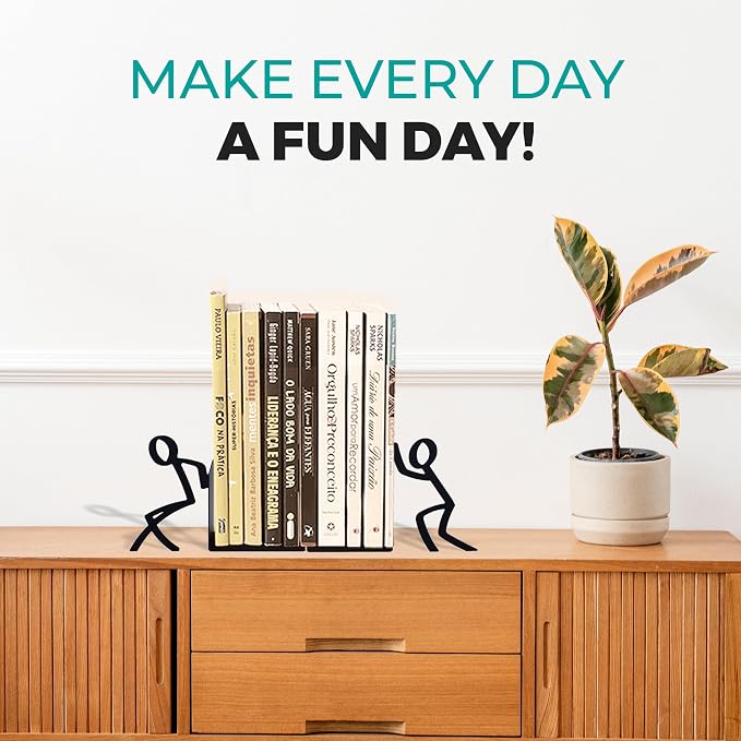 Figurine Bookends with Book-Holding Characters - Steel with Epoxy Coating - Decorative Pair of Book Holders for Shelves, Desk, and Office - Black – Geguton