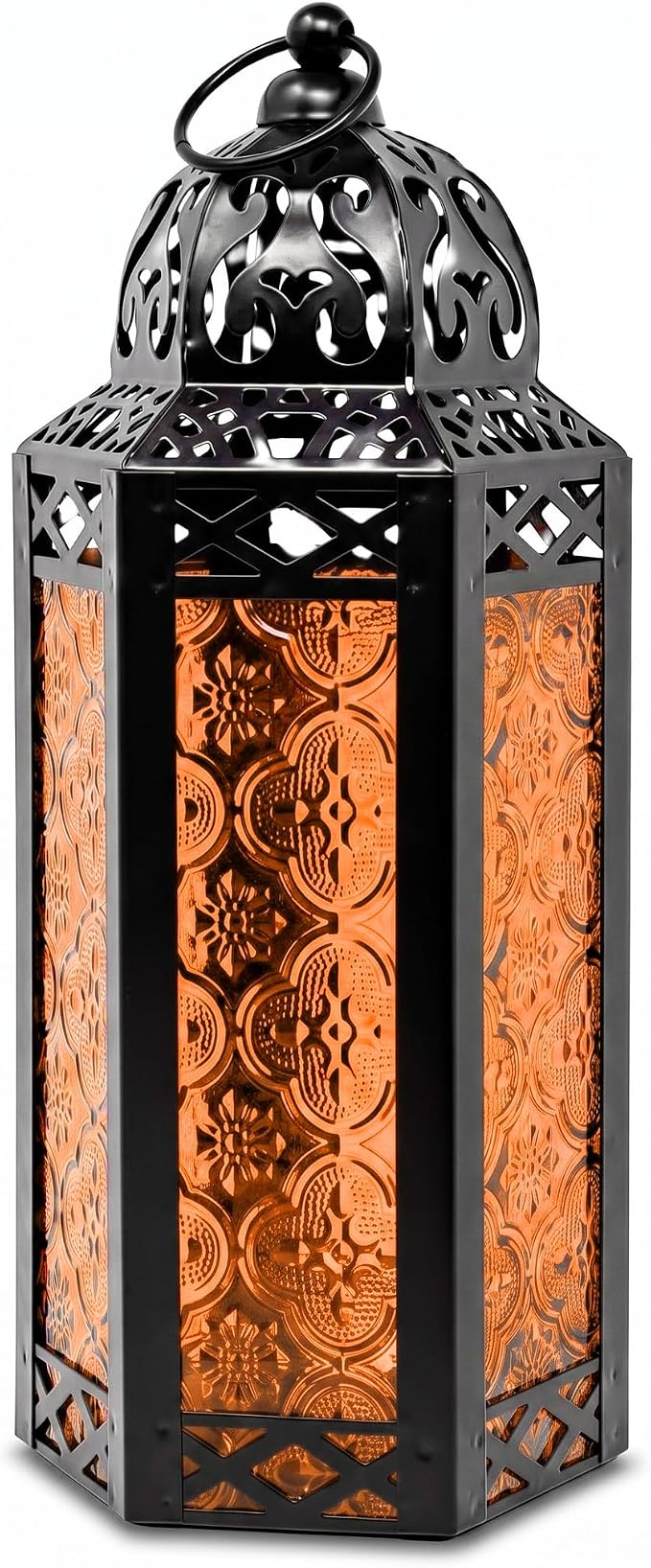 Vela Lanterns Decorative Indoor Moroccan Candle Holder, Amber, M | Halloween Decorations, Amber Orange Glass Decor, Gothic Dark Academia Lamp, Turkish Votive Pillar Tealight, 10.5in Tall
