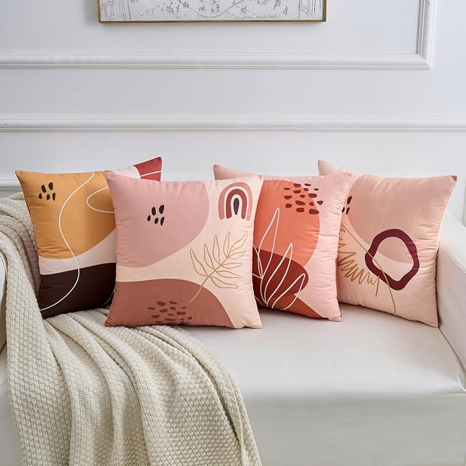 Boho Throw Pillow Covers 18x18 Set of 4 Terracotta Blush Minimalist Abstract Art Cushion Covers with Hidden Zipper, Soft Polyester Double Sided Print, Machine Washable, No Inserts