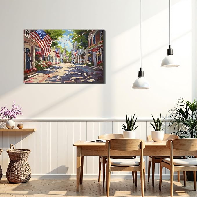 Framed Patriotic Small Town USA Wall Art, American Flag Street Canvas Art Pictures, Vintage Main Street Wall Decor for Living Room Entryway Dining Room, Ready to Hang Made in USA