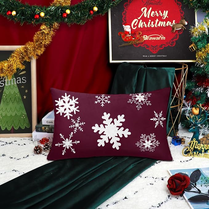 BRAWARM Christmas Pillow Cover 12 X 20 Inches, Burgundy Snowflake Embroidered Lumbar Pillow Cover, Soft Velvet Decorative Throw Pillow for Couch Bed Sofa Living Room Home