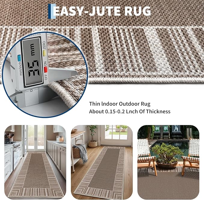 COZYLOOM Washable Rugs 8x10 Easy Jute Area Rug for Living Room, Non Slip Non Shedding Modern Bordered Carpet Stain Resistant Foldable Neutral Striped Mats for Bedroom, Dining Room, Patio, RV, Taupe