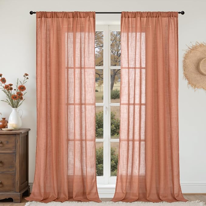 BGment Terracotta Linen Curtains for Living Room 84 Inches Long, Burnt Orange Light Filtering Drapes Semi Sheer with Rod Pocket for Fall Bedroom Rust Color, Each 52 Inch Wide