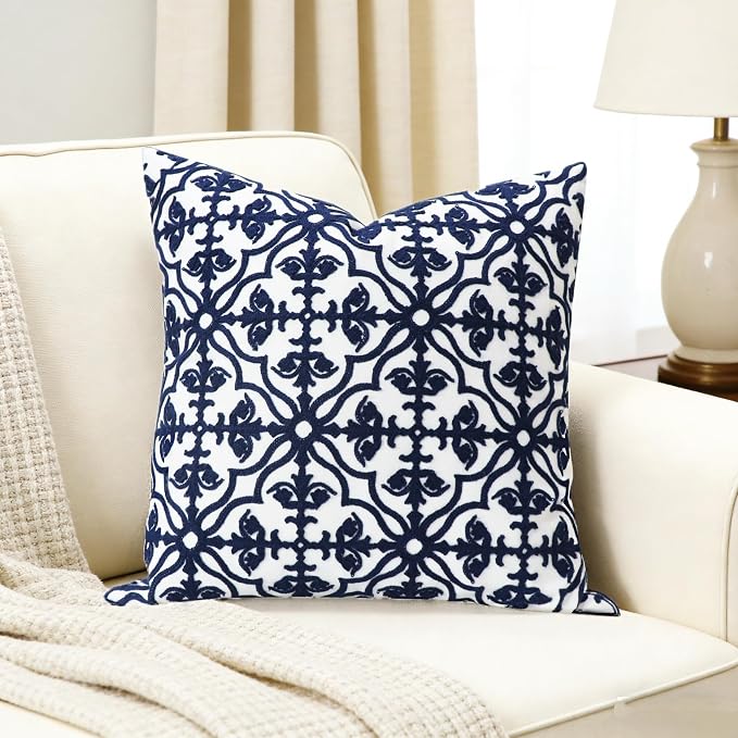 Slow Cow Throw Pillow Cover Navy Blue Embroidery Canvas Throw Pillow Cover for Couch Bed Sofa Navy Geometric Cushion Cover 18 x18 Inches