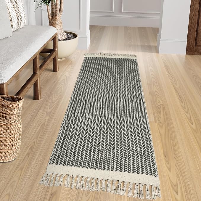 Lahome Boho Bathroom Runner Rug, 2x6 Washable Rugs for Kitchen Hallway | Woven Cotton Laundry Room Throw Carpet with Tassels, Farmhouse Decor Grey Non Shedding Lightweight Mat for Entryway Bath
