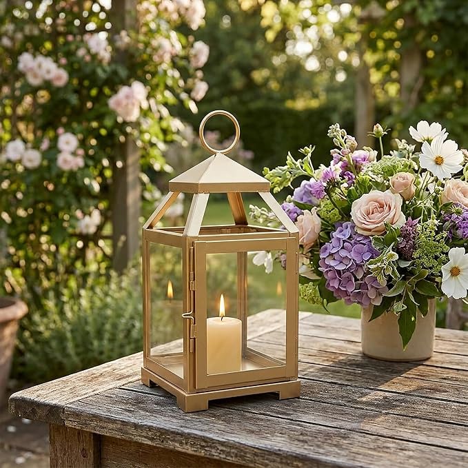 Hosley 12 Inch High Clear Glass and Iron Classic Style Lantern Ideal Gift for Festivities Parties Weddings Aromatherapy and Spa Settings-Gold