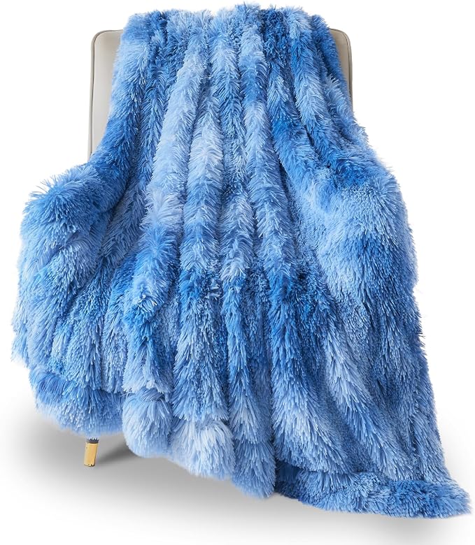GONAAP Fuzzy Faux Fur Throw Blanket for Couch, Indigo, 50"x60" | Warm Cozy Plush Shaggy Decorative Reversible Thick Non-Heated Fleece Blanket for Sofa Bed, Gift for Women Men, All Season Use