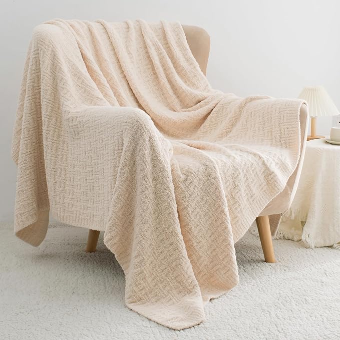 White Ultra Soft Knit Throw Blanket for Couch,50"X60" Microfiber Fluffy Cozy Warm Knitted Blankets with Checked Pattern for Sofa Bed