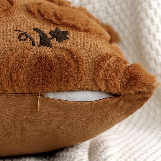 Thmyo Fall Throw Pillow Covers 18x18 inch Set of 2 Pumpkin Decorative Pillow Cases with Embroidery, Soft Plush Faux Fur Wool Square Cushion Covers for Sofa Couch Bed Home Winter Autumn Harvest Decor
