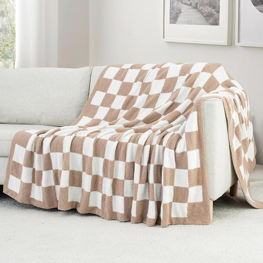 Carriediosa Checkered Throw Blanket 90x90, 400GSM Ultra Soft Microfiber | Taupe, Queen, Fuzzy Fluffy Cozy Plush Knitted Plaid Checker, Lightweight Cute Preppy Fall Blankets & Throws for Couch, Bed