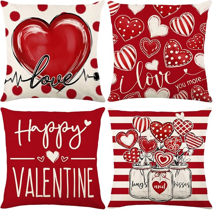 ONFAON Valentines Day Decorations- Throw Pillow Covers 18x18 in Set of 4，Love Heart Pillow Covers Farmhouse Valentines Day Decor for Couch Home Outdoor