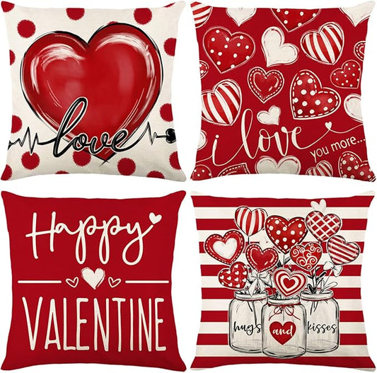 ONFAON Valentines Day Decorations- Throw Pillow Covers 18x18 in Set of 4，Love Heart Pillow Covers Farmhouse Valentines Day Decor for Couch Home Outdoor