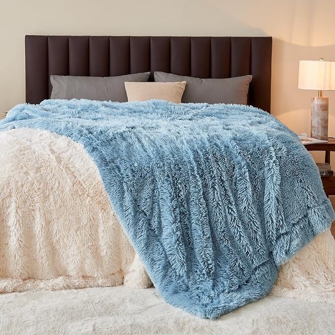 GONAAP Fuzzy Faux Fur Throw Blanket for Couch, Light Blue, 50"x60" | Warm Cozy Plush Shaggy Decorative Reversible Thick Non-Heated Fleece Blanket for Sofa Bed, Gift for Women Men, All Season Use