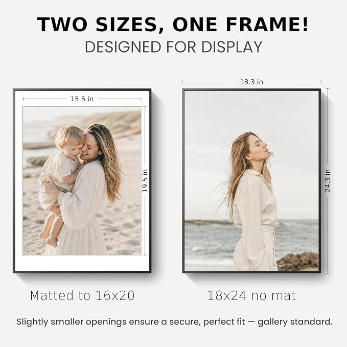 18x24 Poster Frame Black, Aluminum Metal 18 x 24 Frame with Removable Mat, 18 by 24 Black Picture Frame Matted to 16x20 Photo, Real Tempered Glass for Home and Office Gallery Wall, 1 Pack