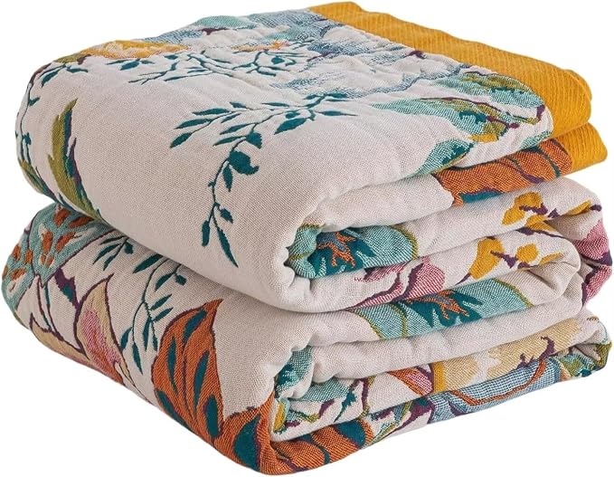 Boho Throw Blanket for Bed 100% Cotton Bohemian Blankets Ultra Soft Woven Muslin Decorative Blankets All Seasons Vintage Quilt Knitted Blanket for Sofa Chair(Beige, 80"x90")
