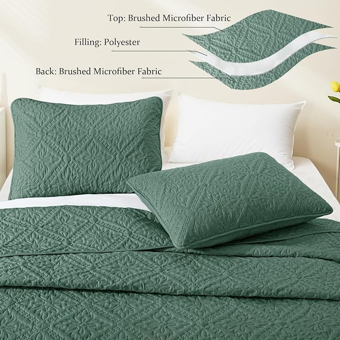 Exclusivo Mezcla Full Queen Quilt Set, Green | Lightweight Soft Bedspreads Coverlets, All Season Bedding with 2 Pillow Shams, Modern Style for Bedroom Guest Room